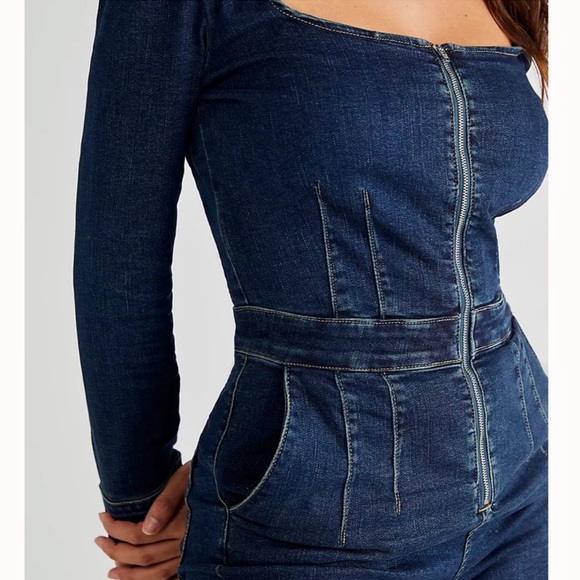 Free People CRVY High Society Denim Zip Romper - Picture 2 of 13